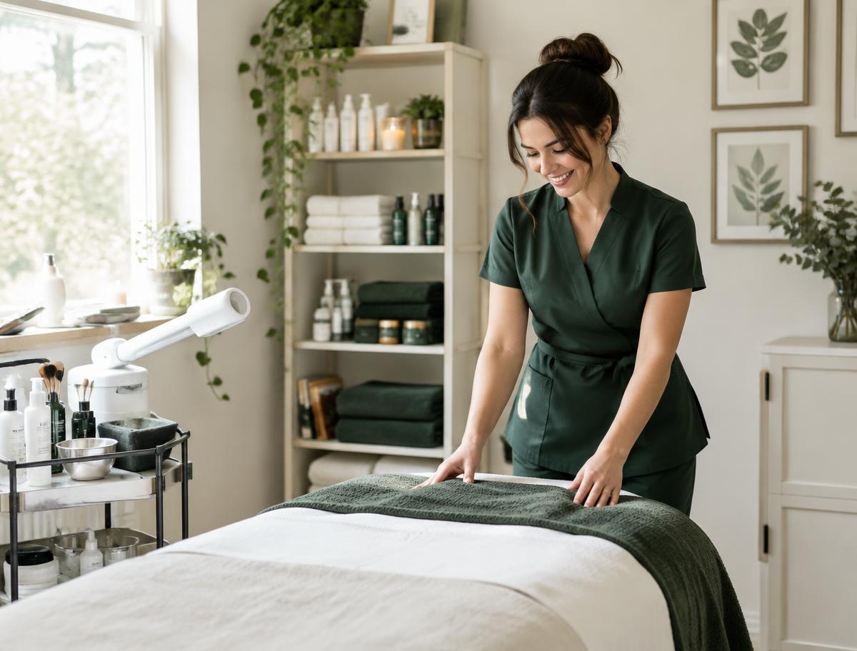 An esthetician preparing her treatment room